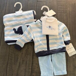 NWT Blue and White Striped Set with onesie, blanket, zip up hoodie, pants